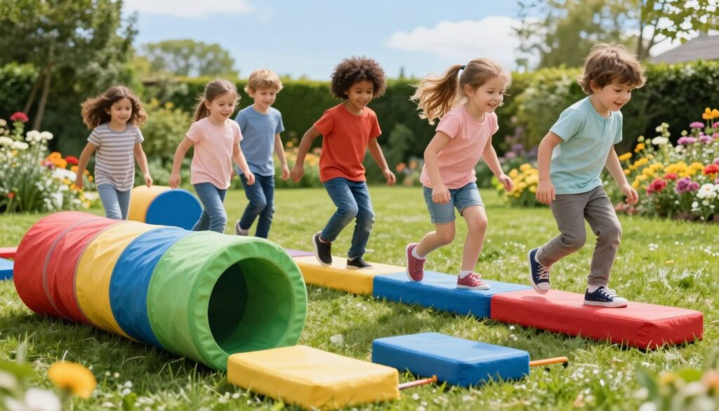 A vibrant and engaging children's obstacle course set in a sunny garden environment. In the foreground, include colorful foam shapes like tunnels, balance beams, and hurdles, safely designed for kids. The middle ground should feature children aged 5-8, dressed in casual clothing, joyfully navigating the course with smiles on their faces. The background showcases a lush green lawn and blooming flowers, under a clear blue sky. Soft, natural lighting illuminates the scene, creating a cheerful atmosphere filled with excitement and adventure. The angle should capture the action of the children interacting with the course while maintaining a safe and playful mood.
