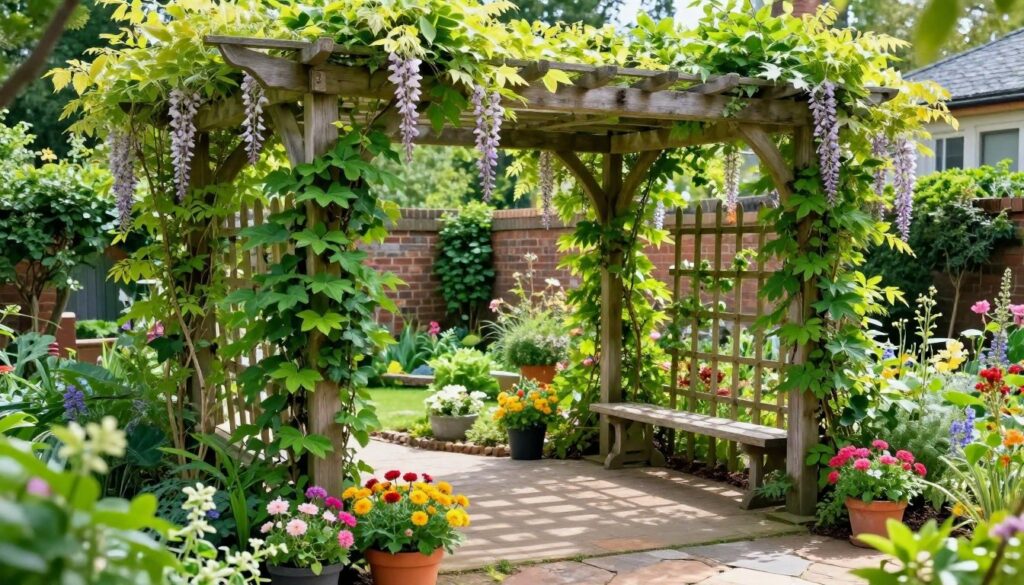 A vibrant garden scene featuring a beautifully designed wooden pergola, intricately supporting lush climbing plants such as wisteria and ivy. In the foreground, colorful flowering pots and a pathway made from natural stones lead toward the pergola. The middle ground showcases the pergola decorated with green foliage, creating a serene and inviting atmosphere. Soft sunlight filters through the leaves, casting gentle shadows on the ground. In the background, a brick wall is partially obscured by strategically placed trellises adorned with additional climbing plants, enhancing the greenery. The mood is tranquil and refreshing, perfect for a garden retreat. The composition is seen from a slightly elevated angle, capturing both the pergola and its vibrant plant life while maintaining a clear focus on the support structure for plants.