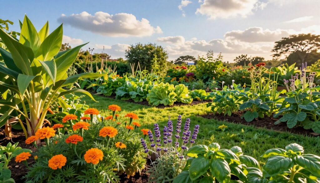 A vibrant garden scene featuring various natural plants known to repel mosquitoes, including citronella, marigolds, lavender, and basil, artfully arranged in the foreground. In the middle ground, a sun-drenched vegetable patch thrives, surrounded by a lush green lawn. The background showcases a serene blue sky with fluffy white clouds, creating a tranquil atmosphere. The light should be warm and golden, evoking a late afternoon glow. The angle should be slightly elevated, capturing the depth of the garden while focusing on the vibrant colors of the plants. The overall mood is peaceful and inviting, emphasizing a natural method of mosquito deterrence. A vibrant garden scene featuring various natural plants known to repel mosquitoes, including citronella, marigolds, lavender, and basil, artfully arranged in the foreground. In the middle ground, a sun-drenched vegetable patch thrives, surrounded by a lush green lawn. The background showcases a serene blue sky with fluffy white clouds, creating a tranquil atmosphere. The light should be warm and golden, evoking a late afternoon glow. The angle should be slightly elevated, capturing the depth of the garden while focusing on the vibrant colors of the plants. The overall mood is peaceful and inviting, emphasizing a natural method of mosquito deterrence.