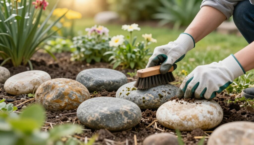 A vibrant garden scene showcasing neatly arranged garden stones, surrounded by lush greenery. In the foreground, several polished stones in various natural colors, such as grey, white, and beige, are partially covered with a light layer of dirt and moss. The middle ground features a focused scene of a pair of hands wearing gardening gloves gently cleaning the stones with a brush, highlighting techniques for removing soil and algae. In the background, blurred garden elements like flowers and shrubs add depth, while soft sunlight filters through, creating a warm and inviting atmosphere. The composition captures an informative yet serene gardening moment, perfect for illustrating effective cleaning methods.