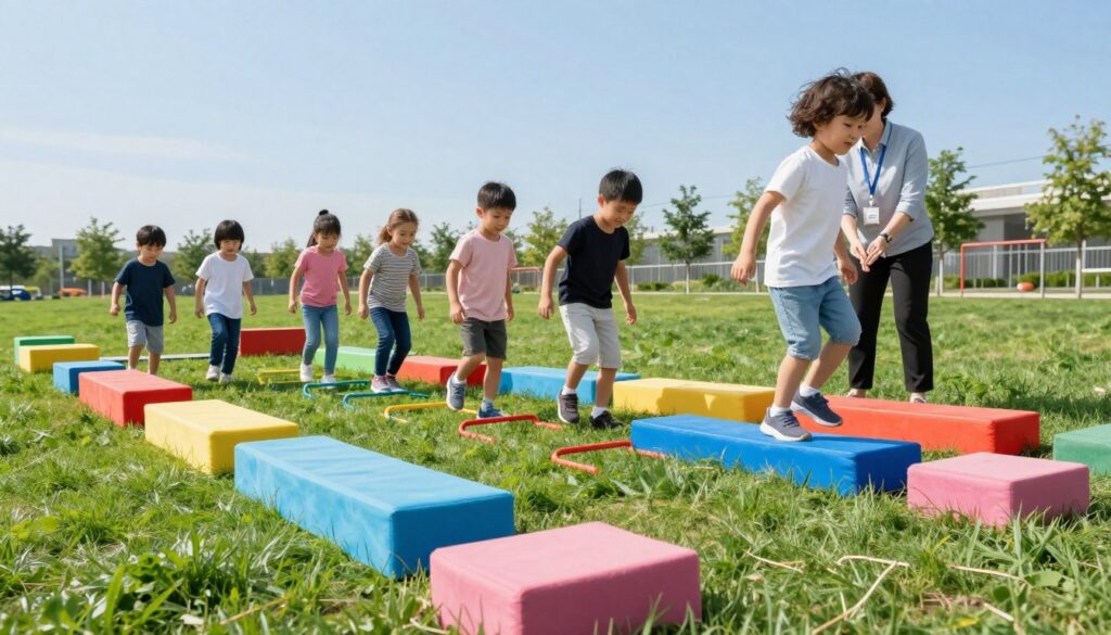 A vibrant, outdoor obstacle course designed for children, emphasizing safety. In the foreground, colorful, sturdy structures such as soft foam blocks, low hurdles, and balance beams invitingly scattered. Playful children aged 5 to 8 are exploring the course in modest casual clothing, showing joy and concentration as they navigate the obstacles. In the middle ground, a supervised adult in professional attire is attentively observing the children, ensuring their safety. Lush green grass underfoot, with a clear blue sky above, contributes to a cheerful, sunny atmosphere. The lighting is bright and natural, casting soft shadows to enhance the playful scene. The angle captures both the details of the course and the joyful engagement of the children, creating an inviting and secure environment for fun outdoor play.