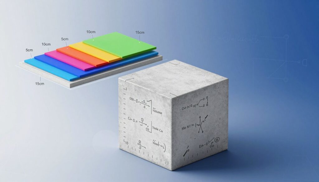 A visually engaging and informative composition illustrating the mathematical principles of converting volume to surface area. In the foreground, a large 3D cubic block symbolizing one cubic meter of concrete is central, with measurements and formulas artistically integrated into its surface. The middle ground features a clear, labeled diagram showing various thicknesses of concrete layers (e.g., 5cm, 10cm, 15cm) and their corresponding surface areas, each vividly colored for clarity. The background is a smooth gradient from light to dark blue, signifying depth in mathematical abstraction, with faint geometric shapes and equations subtly overlaid to convey a sense of ongoing calculation. Soft, diffused lighting highlights the details, creating a professional and educational atmosphere, ideal for an academic article.