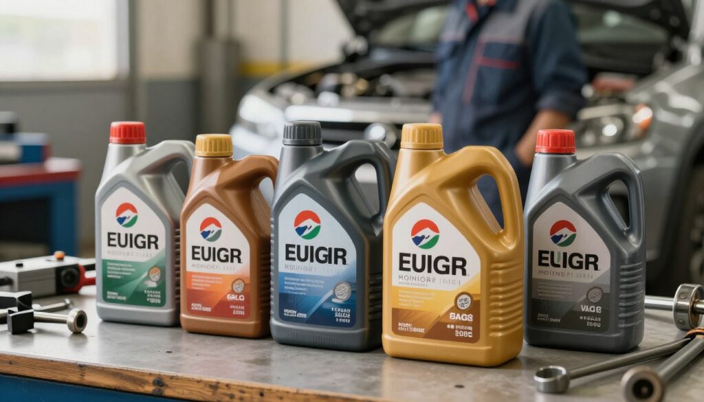 A visually engaging composition focusing on motor oils. In the foreground, display a variety of motor oil bottles, each labeled with different viscosity grades and quality standards, showcasing the differences in color and design. The middle ground features a mechanic's workbench adorned with tools and equipment, which adds a sense of professionalism and context. In the background, faintly visible, show a blurred automotive workshop emphasizing the theme of technology in production. Use soft, natural lighting to create warmth and clarity, emphasizing the glossy textures of the oil bottles. Capture this scene from a slightly elevated angle to provide depth, conveying an informative and inviting atmosphere that aligns with the technical theme of the section.