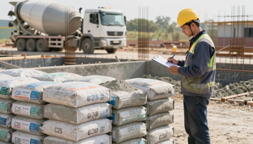 A visually engaging image of different classes of concrete affecting the quantity of material needed for construction. In the foreground, a detailed view of stacked bags of ready-mix concrete, showcasing labels with various strength classes (e.g., C25, C30). In the middle ground, a construction worker in professional attire examines a clipboard with calculations, weighing options visibly. In the background, a construction site with concrete mix trucks, rebar, and building foundations emerging. Soft natural lighting illuminates the scene, casting gentle shadows that enhance depth. The atmosphere conveys a sense of professionalism and diligence, focusing on the decision-making process regarding concrete quality and material requirements. No text overlays or distractions present.