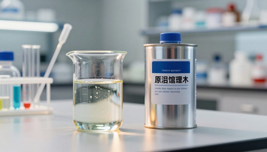 A visually striking comparison of a solvent and a thinner, arranged side by side on a sleek, modern laboratory bench. In the foreground, a clear glass beaker filled with a colorful solvent, reflecting light and showcasing its translucency, with subtle bubbles forming. Next to it, a labeled canister of thinner, showcasing its metallic sheen and professional labeling. The middle ground features various lab equipment, like pipettes and measuring cylinders, arranged neatly, enhancing the scientific appeal. The background should be softly blurred laboratory shelves loaded with chemical containers, illuminated by bright, warm lighting, creating an inviting atmosphere. The image should convey a sense of professionalism and clarity, emphasizing the differences between the two substances through color and texture contrast.