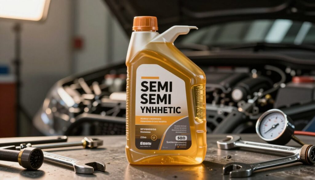 A visually striking composition showcasing semi-synthetic engine oil in a professional setting. In the foreground, a sleek, transparent bottle of semi-synthetic oil is prominently displayed, reflecting light to highlight its rich, golden color. Surrounding the bottle, tools such as wrenches and gauges create a context of automotive expertise. In the middle ground, a blurred engine component adds depth, emphasizing the oil's application. The background features a dimly lit garage with soft, focused lighting that casts warm tones, evoking a sense of professionalism and technical precision. The overall atmosphere should convey trust and assurance in the quality of semi-synthetic engine oils, perfect for informing readers about their characteristics.
