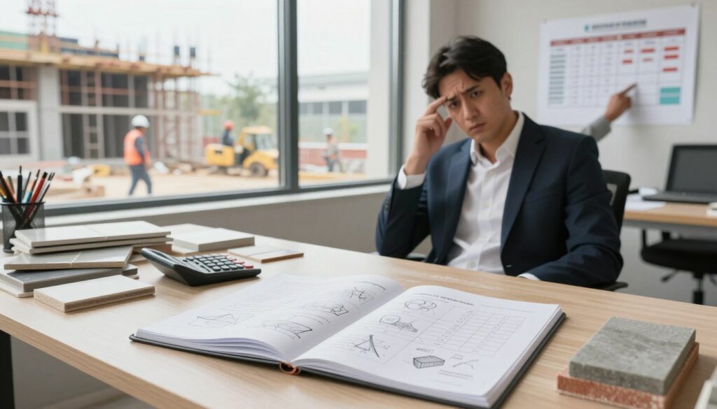 A visually striking depiction of common mistakes in planning building material purchases, set in a well-lit construction office. In the foreground, a cluttered desk displays an open notebook filled with chaotic sketches and calculations regarding concrete needs, alongside a calculator and various construction material samples like tiles and bricks. In the middle, a professional, dressed in smart business attire, analyses a wall-mounted chart that outlines material requirements, looking perplexed. In the background, a large window reveals an active construction site, with workers in hard hats and machinery, creating a sense of industry. Soft, natural lighting enhances the atmosphere of focus and determination, captured with a slight depth of field to emphasize the desk and the figure, conveying the importance of accurate planning in construction projects.