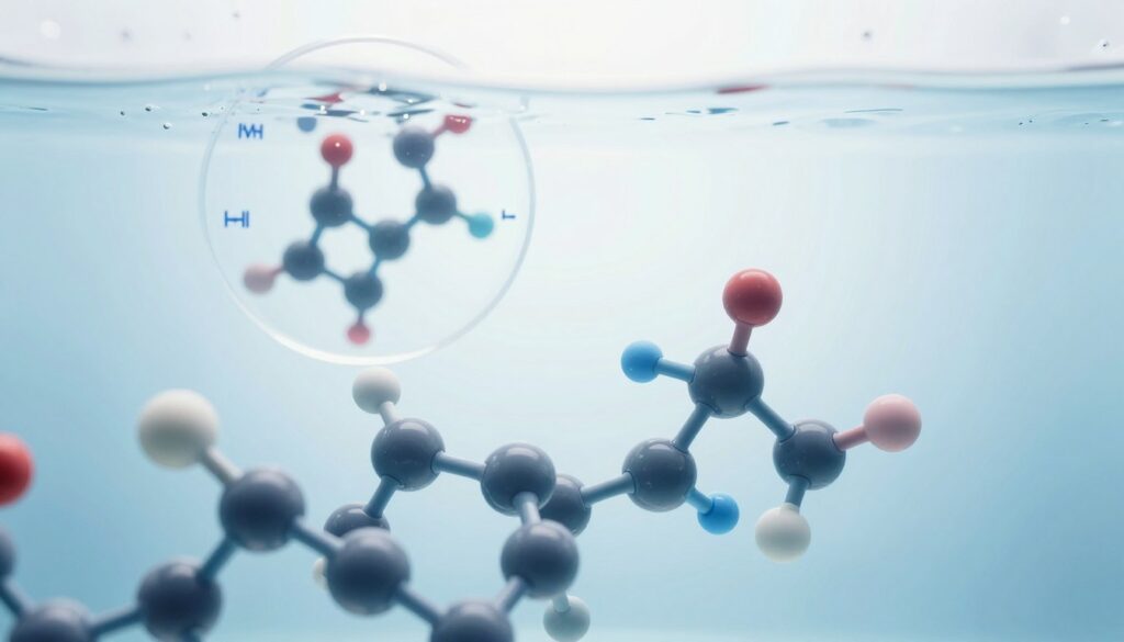 A visually striking representation of water as a powerful solvent, showcasing molecular interactions at a chemical level. In the foreground, depict water molecules forming clusters around various solute particles, each clearly labeled with subtle colors to represent different substances dissolving. The middle ground features a magnified view of these interactions, highlighting the polar nature of water molecules with distinct positive and negative charges illustrated. The background should be a soft gradient of blues and whites, evoking a clean and scientific atmosphere. Use soft, diffused lighting to create an inviting, educational mood, emphasizing clarity and understanding. The camera angle should be slightly tilted to provide a dynamic perspective, resembling a laboratory setting without any extraneous elements or text. A visually striking representation of water as a powerful solvent, showcasing molecular interactions at a chemical level. In the foreground, depict water molecules forming clusters around various solute particles, each clearly labeled with subtle colors to represent different substances dissolving. The middle ground features a magnified view of these interactions, highlighting the polar nature of water molecules with distinct positive and negative charges illustrated. The background should be a soft gradient of blues and whites, evoking a clean and scientific atmosphere. Use soft, diffused lighting to create an inviting, educational mood, emphasizing clarity and understanding. The camera angle should be slightly tilted to provide a dynamic perspective, resembling a laboratory setting without any extraneous elements or text.