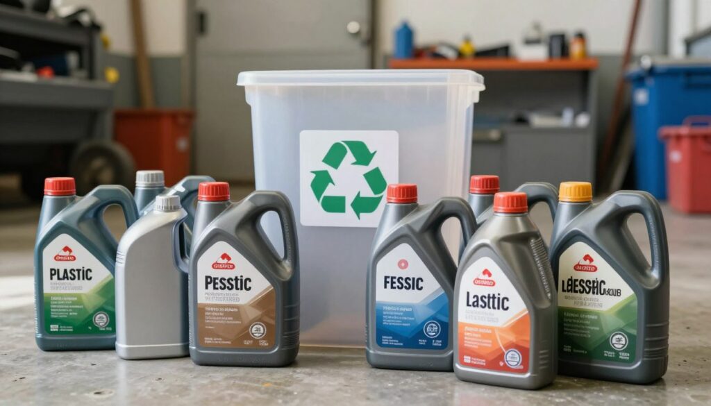 A well-lit composition featuring various types of engine oil packaging, prominently displayed in the foreground. Includes a range of oil bottles with different designs and labels, showcasing both plastic and metal containers, some empty and others partially filled. In the middle ground, a clear, categorized recycling bin labeled for plastic waste, highlighting the discussion of proper disposal methods. The background depicts a clean, organized garage setting, with tools and equipment subtly faded to keep the focus on the oil packaging. Soft, natural lighting enhances the colors of the packaging, creating an informative yet inviting atmosphere. The image is captured with a slight downward angle, emphasizing the importance of responsible waste management without any text or overlays.