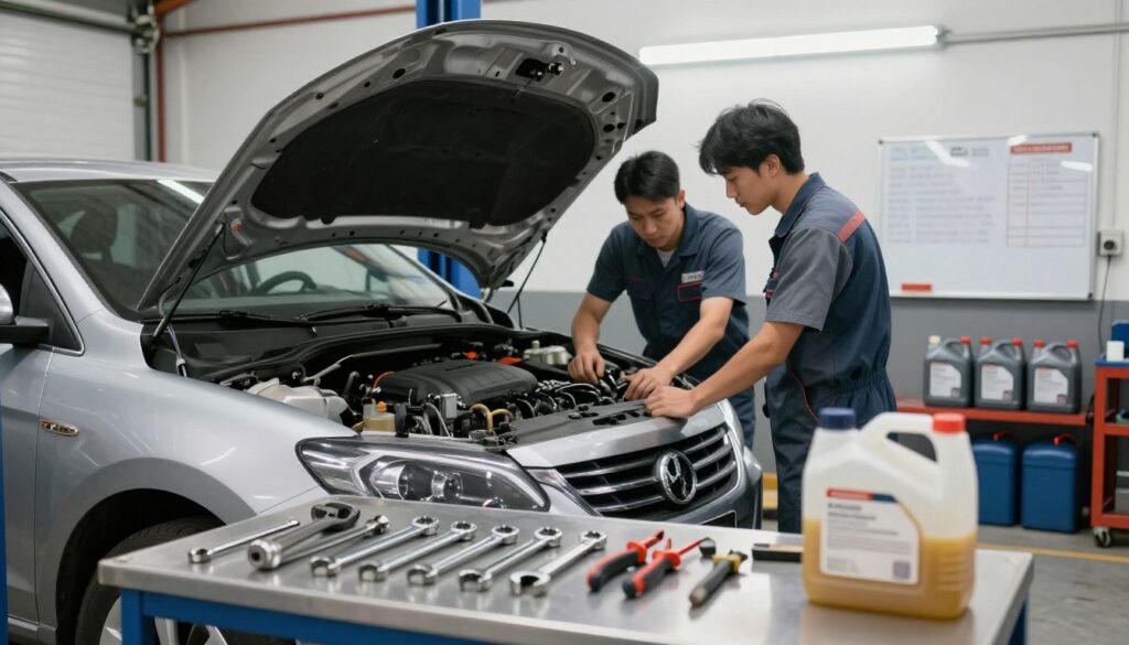 A well-lit garage scene focusing on the preparation for a coolant fluid exchange. In the foreground, a neatly organized workbench with tools such as wrenches, pliers, and a coolant reservoir is visible. A pair of professional mechanics, dressed in modest work attire, are inspecting a car engine under bright, overhead fluorescent lights. The middle ground features a car on a hydraulic lift, with its hood open to reveal the cooling system components. The background shows neatly stacked oil and coolant containers, alongside a whiteboard with maintenance notes. The atmosphere is collaborative and focused, with a slight metallic sheen to the tools, enhancing the technical and practical mood. A well-lit garage scene focusing on the preparation for a coolant fluid exchange. In the foreground, a neatly organized workbench with tools such as wrenches, pliers, and a coolant reservoir is visible. A pair of professional mechanics, dressed in modest work attire, are inspecting a car engine under bright, overhead fluorescent lights. The middle ground features a car on a hydraulic lift, with its hood open to reveal the cooling system components. The background shows neatly stacked oil and coolant containers, alongside a whiteboard with maintenance notes. The atmosphere is collaborative and focused, with a slight metallic sheen to the tools, enhancing the technical and practical mood.
