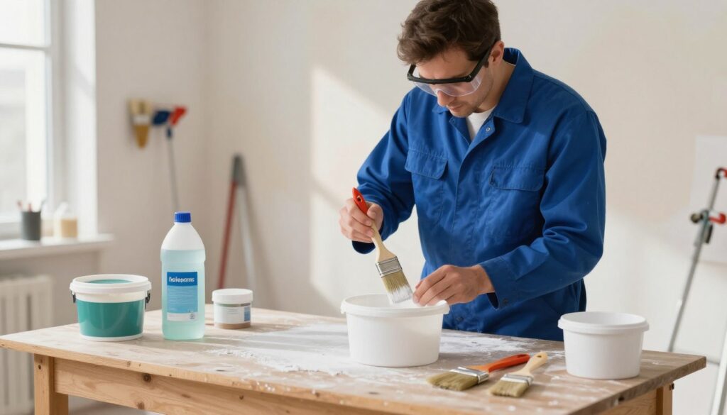 A well-lit image depicting practical applications of solvents in a home renovation context. In the foreground, a neatly organized workbench with various containers of solvents, brushes, and paint strippers. In the middle ground, a focused individual wearing a blue work shirt and safety goggles uses a solvent to clean a paintbrush, demonstrating the proper technique. The background shows a partially renovated room with freshly painted walls and tools hanging on the walls, creating an atmosphere of productivity and craftsmanship. Soft natural lighting filters through a nearby window, casting gentle shadows and highlighting the activity. The overall mood is industrious and professional, emphasizing safety and expertise in handling solvents.