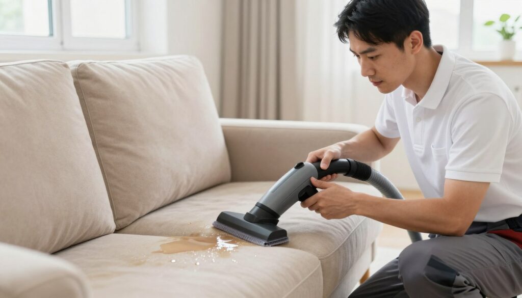 A well-lit scene focused on a professional cleaner at work, kneeling beside a plush, beige upholstered sofa with a visible stain from coolant fluid. The cleaner, dressed in a smart polo shirt and work trousers, is using an upholstery cleaning tool with an attached vacuum function to extract the fluid. In the foreground, showcase the cleaner’s focused expression, conveying determination and expertise. In the middle ground, capture the intricacies of the plush fabric and the cleaning process, highlighting droplets of cleaner and a slight sheen on the upholstery. The background should feature a softly blurred room interior, enhancing the mood of a clean and orderly environment. Use natural daylight coming from a nearby window to create a bright and fresh atmosphere.