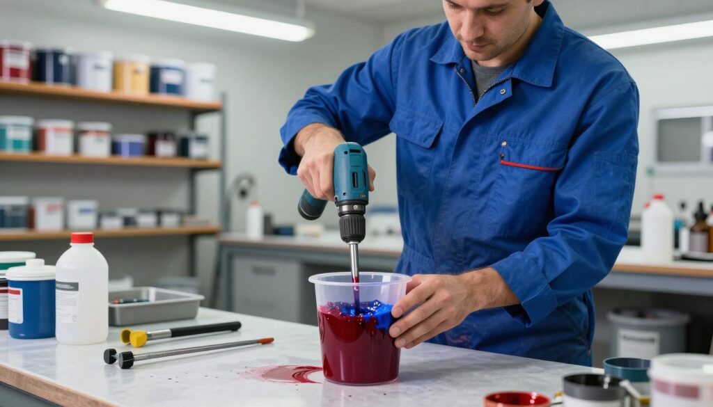 A well-lit workshop scene featuring a professional setting where a technician is skillfully mixing automotive paint. In the foreground, a clear mixing cup with vibrant paint colors, including deep reds, bright blues, and shiny metallic tones, alongside measuring tools. The technician, a male in a blue work jumpsuit, is using a mixing drill, showing precision and focus. In the middle ground, shelves lined with paint containers and solvents, creating an organized but busy atmosphere. The background includes a workbench with tools and additional paint supplies, softly illuminated by overhead fluorescent lights. The overall mood is industrious and technical, reflecting the meticulous nature of paint preparation in automotive work. Ensure no text or branding is visible. A well-lit workshop scene featuring a professional setting where a technician is skillfully mixing automotive paint. In the foreground, a clear mixing cup with vibrant paint colors, including deep reds, bright blues, and shiny metallic tones, alongside measuring tools. The technician, a male in a blue work jumpsuit, is using a mixing drill, showing precision and focus. In the middle ground, shelves lined with paint containers and solvents, creating an organized but busy atmosphere. The background includes a workbench with tools and additional paint supplies, softly illuminated by overhead fluorescent lights. The overall mood is industrious and technical, reflecting the meticulous nature of paint preparation in automotive work. Ensure no text or branding is visible.