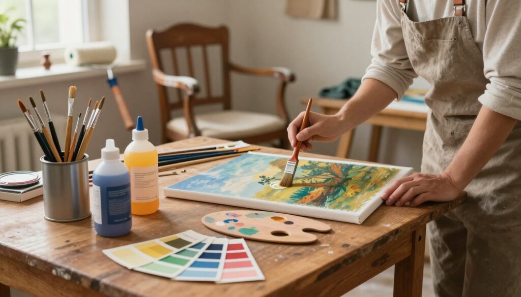 A well-organized painting workspace showcasing practical applications of solvents in artistic and restoration projects. In the foreground, a wooden table littered with paintbrushes, open solvent cans, and color swatches, with a small, well-used palette. The middle ground features a painter wearing a modest casual outfit, carefully using a brush dipped in solvent to blend colors on a canvas depicting a classic landscape. The background reveals a partially renovated vintage chair and various tools like paint rollers and drop cloths, softly illuminated by warm, natural light from a nearby window, creating a productive and inviting atmosphere. The overall mood is focused and creative, emphasizing the important role of solvents in both painting and restoration work, without any text or distractions.