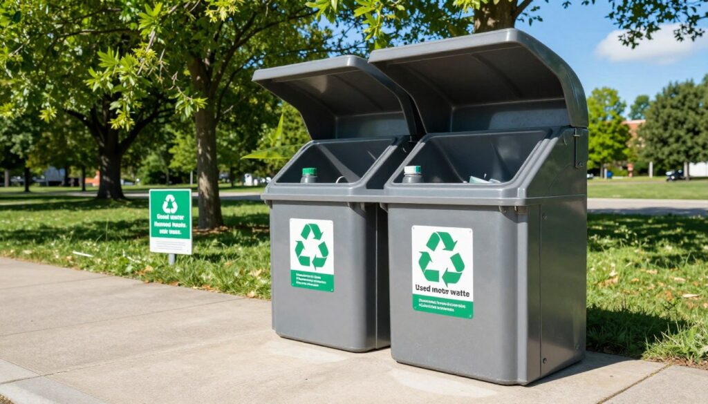 A well-organized recycling station for used motor oil, featuring designated containers for hazardous waste. In the foreground, a clean and clearly labeled container for used motor oil, with a shiny metallic surface, ensuring it appears sturdy and safe. In the middle ground, a recycling area with vibrant green trees and a small sign demonstrating eco-friendly practices in a natural park setting. In the background, a sunny day enhances the mood, with a bright blue sky accentuating the outdoor atmosphere. Use a wide-angle lens to capture the entire scene, showcasing the importance of sustainable waste management. Ensure the layout is clean and accessible, evoking a sense of community responsibility towards environmental preservation.
