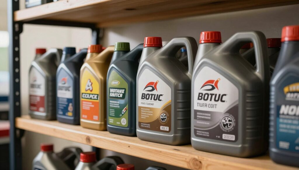 A well-organized storage area for motor oil, showcasing several closed containers of various sizes and brands, all neatly arranged on wooden shelves. In the foreground, a clear, labeled bottle of motor oil catches the light, highlighting its glossy surface. The middle of the image features additional oil containers with different colors and designs, emphasizing the variety of options available. The background includes soft, natural lighting filtering through a window, casting gentle shadows and creating a warm, inviting atmosphere. The setting conveys a sense of order and professionalism, perfect for an article on proper storage practices for motor oil, with a focus on cleanliness and accessibility in a garage or workshop environment.