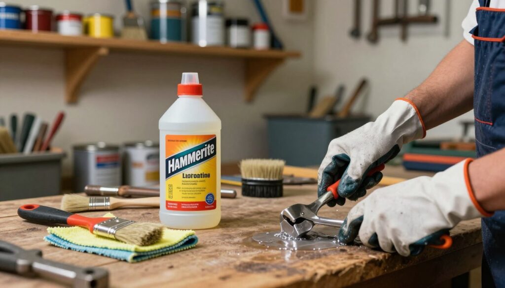 A well-organized tool cleaning station featuring various cleaning supplies, including Hammerite solvent and brushes. In the foreground, a pair of professional, gloved hands are immersed in cleaning metallic tools with a focused expression. The middle section showcases a bottle of Hammerite solvent with its vivid labeling, surrounded by a few dirty paintbrushes and a cleaning rag, all resting on a workbench made of aged wood. The background features a softly lit workshop with shelves of organized tools and paint cans, casting gentle shadows to enhance the mood. The overall atmosphere should evoke a sense of professionalism and diligence, emphasizing the practical application of cleaning tools in a safe, organized environment.