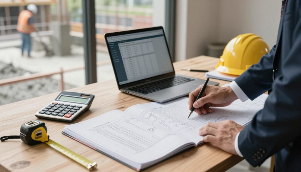 A well-organized workspace featuring a professional engineer or architect in business attire, carefully reviewing blueprints for a concrete estimation project. In the foreground, an open notebook filled with detailed calculations and sketches related to concrete mix estimation. The middle ground includes technical tools like a calculator, measuring tape, and a laptop displaying software for concrete calculations. In the background, a construction site visible through a large window, showcasing workers pouring concrete. Soft, natural lighting enters from the window, casting gentle shadows and creating a focused atmosphere. The scene evokes diligence and precision, embodying best practices for error avoidance in concrete estimation.