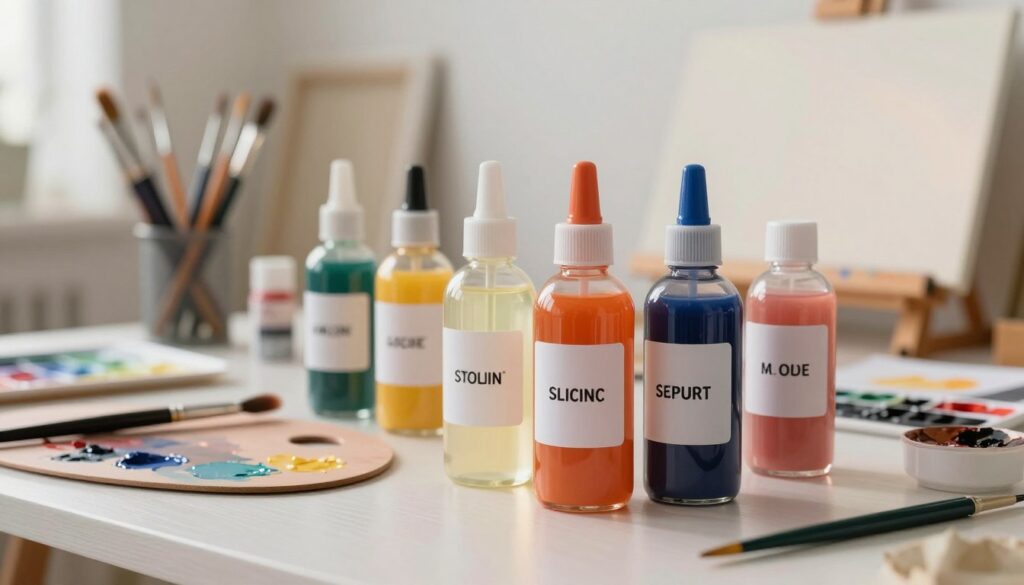 A well-organized workspace featuring various acrylic paint solvents, emphasizing their differences. In the foreground, display several clear glass bottles filled with different solvents, showcasing distinct colors and labels, illuminated by a soft, warm light. The middle ground should include an artist’s palette smeared with acrylic paint and a selection of brushes, hinting at their applications. In the background, a blurred arrangement of art supplies, including canvases and a paint easel, adds context. The scene is bright and inviting, with a hint of creativity, conveying a professional yet approachable atmosphere, as if ready for an art session. The focus should be sharp on the solvent bottles, conveying clarity and detail in their contents.