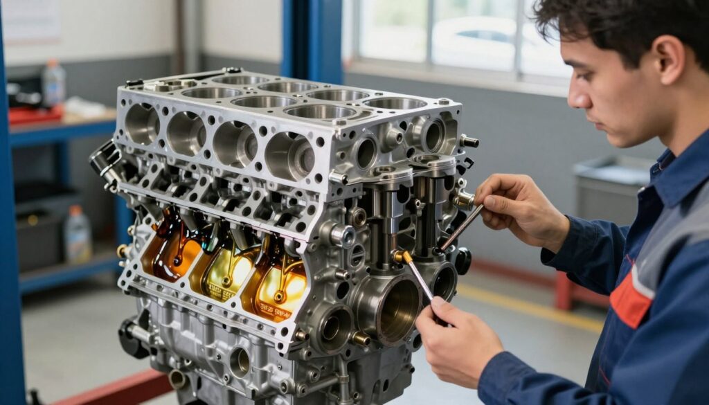 An automotive engine partially disassembled, showcasing its internal components like pistons, crankshaft, and cylinder head in vivid detail. In the foreground, there's a mechanic in professional attire examining the engine with a focused expression, holding a dipstick and tools. The middle layer features a close-up of the oil pan with contrasting oil colors representing 5W-30 and 5W-40, visually illustrating the effects of mixing the oils. In the background, a well-organized garage environment, illuminated with bright, natural light filtering through a window, creates an informative and serious atmosphere. The scene is sharp and clear, with a slight depth of field to emphasize the engine, evoking a sense of caution and professionalism regarding engine maintenance.