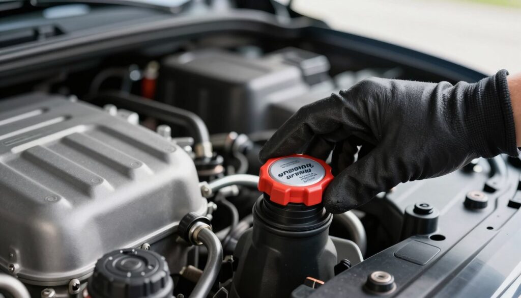 An informative automotive scene featuring a close-up view of a car engine with a focus on its oil filler cap, known as "wlewu oleju." In the foreground, a gloved hand reaches for the oil filler cap, revealing clear markings for easy identification. The cap is vibrant, contrasting against the metallic engine components. In the middle ground, various engine parts gleam under bright, natural lighting that highlights textures and details. The background shows the car's interior with a soft blur, emphasizing the engine area. The atmosphere is professional and educational, ideal for guiding viewers on car maintenance. Capture this scene from a slightly elevated angle, using a standard lens for clarity and depth. An informative automotive scene featuring a close-up view of a car engine with a focus on its oil filler cap, known as "wlewu oleju." In the foreground, a gloved hand reaches for the oil filler cap, revealing clear markings for easy identification. The cap is vibrant, contrasting against the metallic engine components. In the middle ground, various engine parts gleam under bright, natural lighting that highlights textures and details. The background shows the car's interior with a soft blur, emphasizing the engine area. The atmosphere is professional and educational, ideal for guiding viewers on car maintenance. Capture this scene from a slightly elevated angle, using a standard lens for clarity and depth.